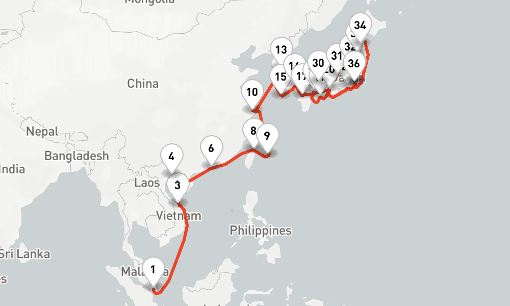 43 nights / 44 days, one-way from Singapore to Yokohama (Tokyo, Japan)