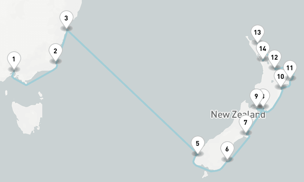 16 nights / 17 days, one-way from Melbourne (Victoria, Australia) to Auckland