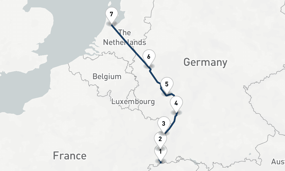 7 nights / 8 days, one-way from Basel to Amsterdam (Holland)