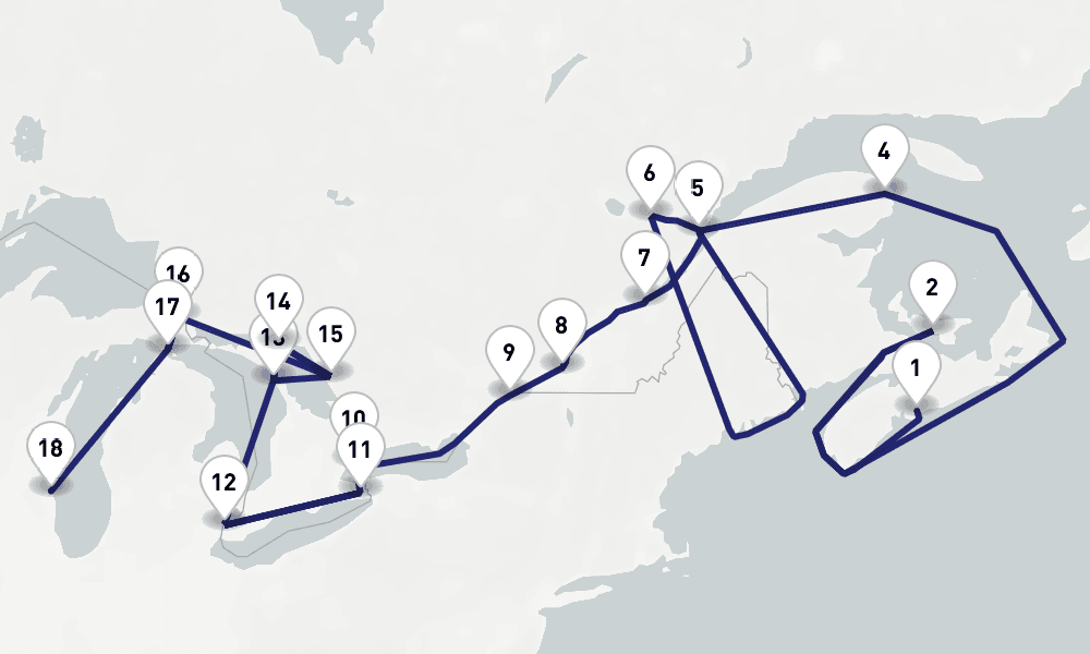 18 nights / 19 days, one-way from Halifax (Nova Scotia, Canada) to Milwaukee (Lake Michigan, Wisconsin)