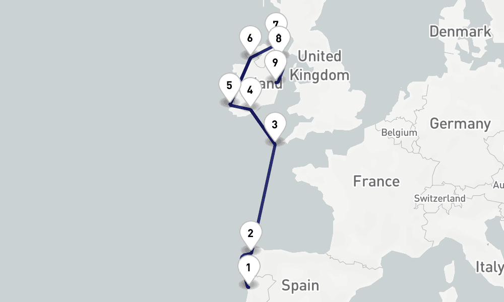 11 nights / 12 days, one-way from Porto to Dublin