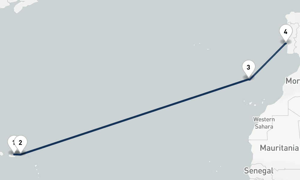 14 nights / 15 days, one-way from San Juan (Puerto Rico) to Lisbon