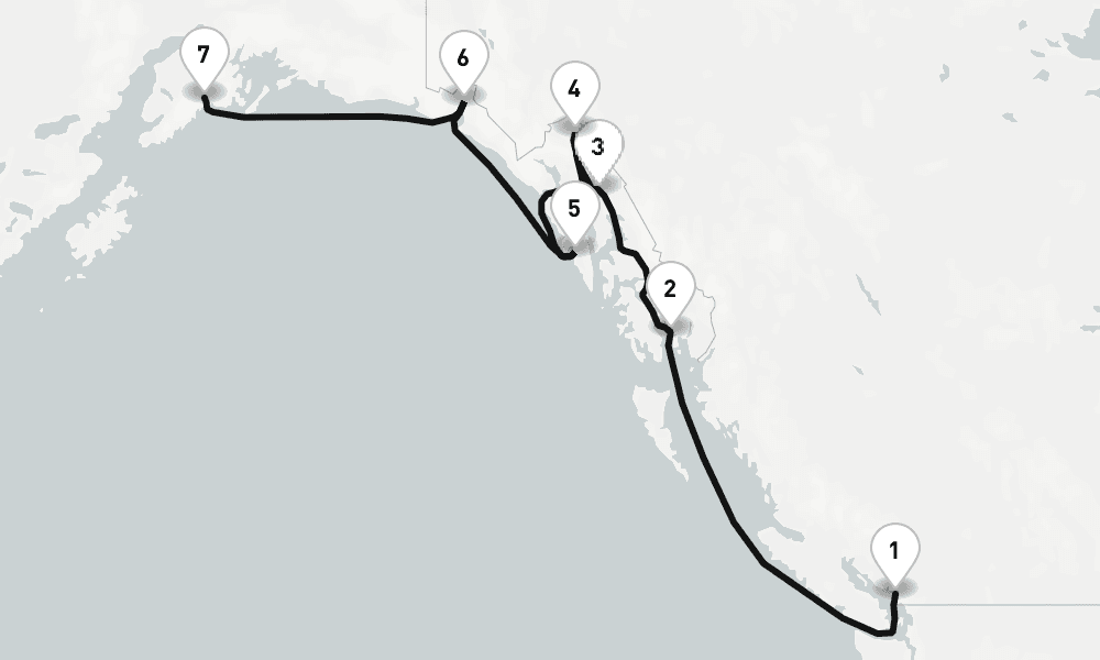 7 nights / 8 days, one-way from Vancouver (BC Canada) to Seward (Alaska)