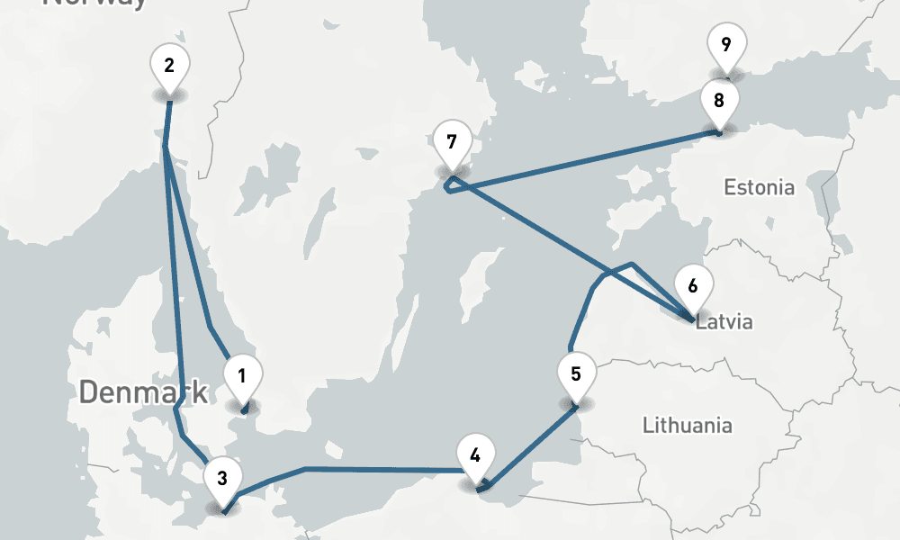 9 nights / 10 days, one-way from Copenhagen to Helsinki