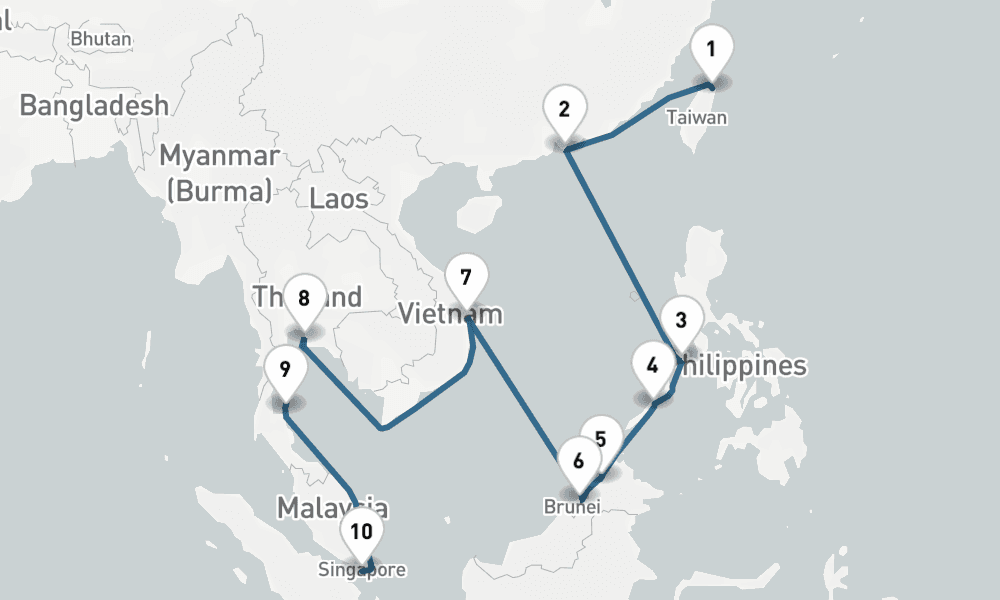 15 days 14 night Keelung to Singapore Philippines Malaysia Vietnam Thailand
