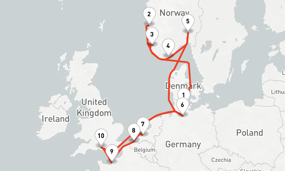 14 nights / 15 days, one-way from Kiel to Hamburg