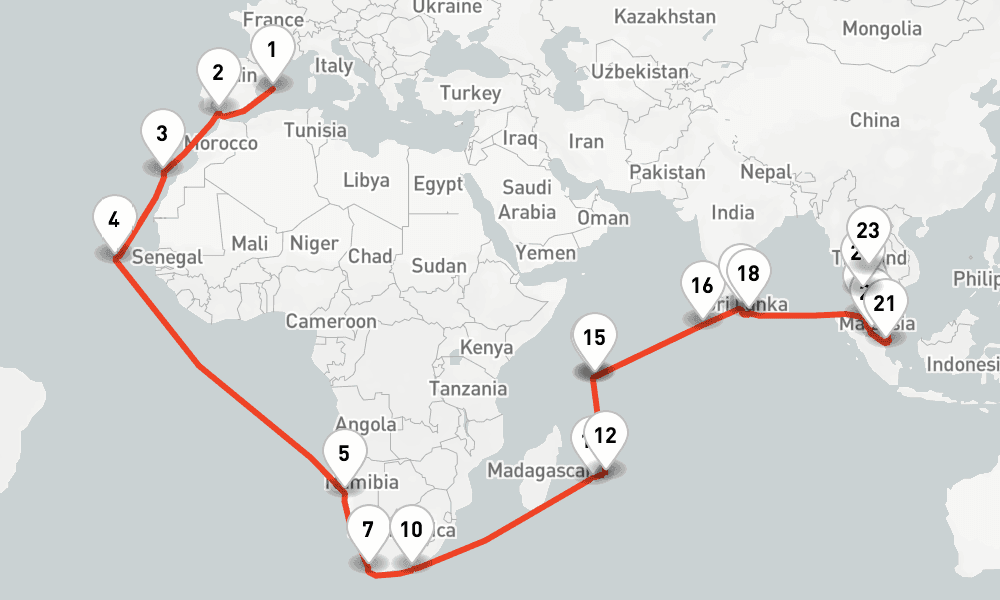 50 nights / 51 days, one-way from Palma de Mallorca (Majorca Island, Spain) to Laem Chabang (Bangkok, Thailand)