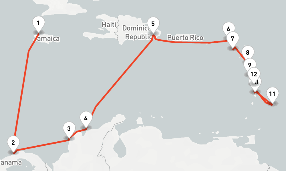 14 nights / 15 days, one-way from Montego Bay to Fort-de-France (Martinique)