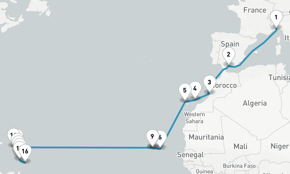 25 nights / 26 days, one-way from Savona to Bridgetown (Barbados)