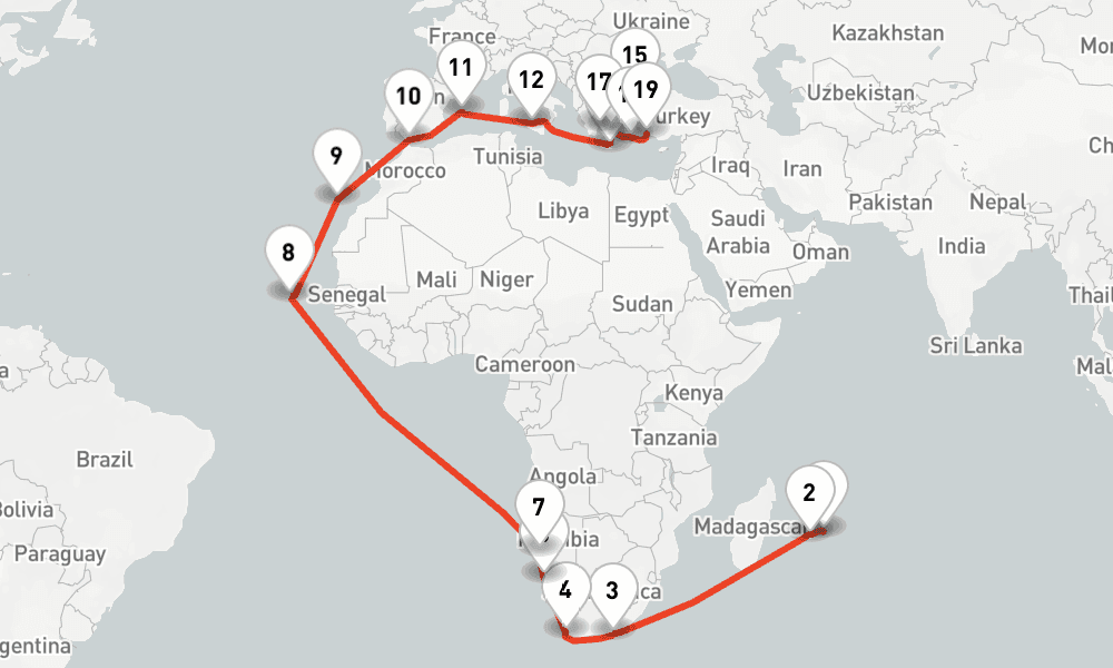 39 nights / 40 days, one-way from Port Louis (Mauritius Island) to Antalya
