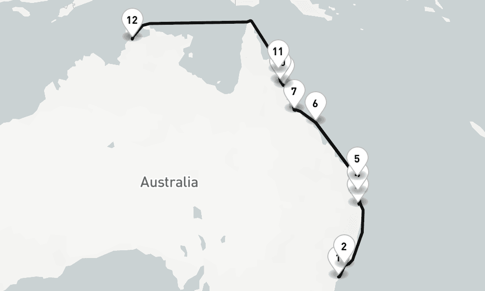 18 nights / 19 days, one-way from Sydney (NSW, Australia) to Darwin (NT Australia)