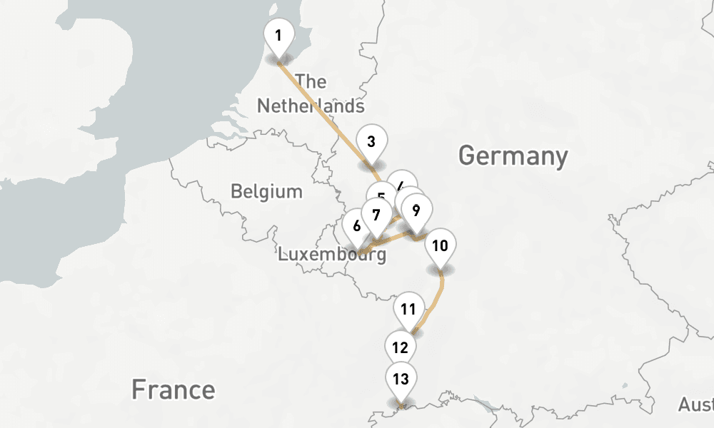 11 nights / 12 days, one-way from Amsterdam (Holland) to Basel