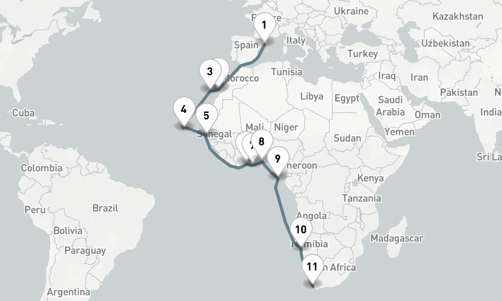 23 nights / 24 days, one-way from Barcelona to Cape Town