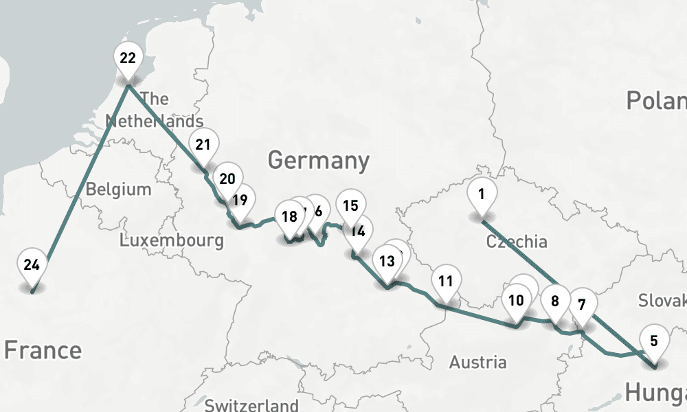 20 nights / 21 days, one-way from Prague (Czech Republic) to Paris