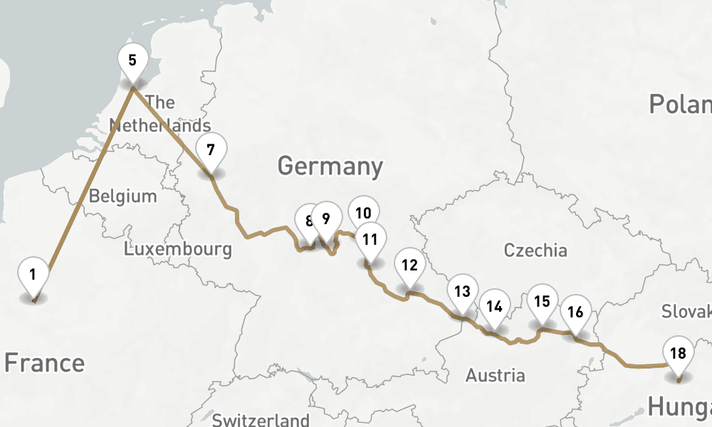 17 nights / 18 days, one-way from Paris to Budapest
