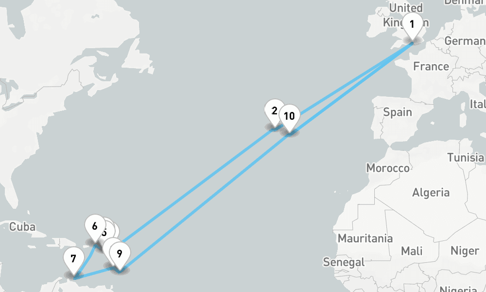 30 nights / 31 days, Portsmouth (England) Round trip