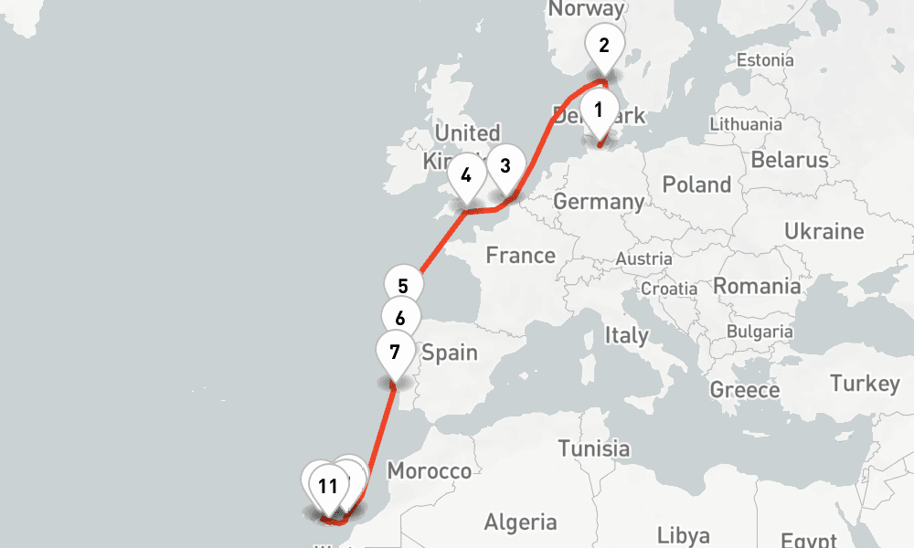 13 nights / 14 days, one-way from Kiel to Las Palmas (Gran Canaria, Canary Islands)
