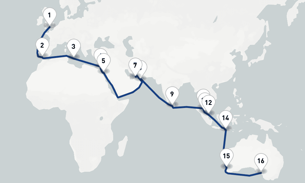 43 nights / 44 days, one-way from Southampton (England) to Adelaide (South Australia)
