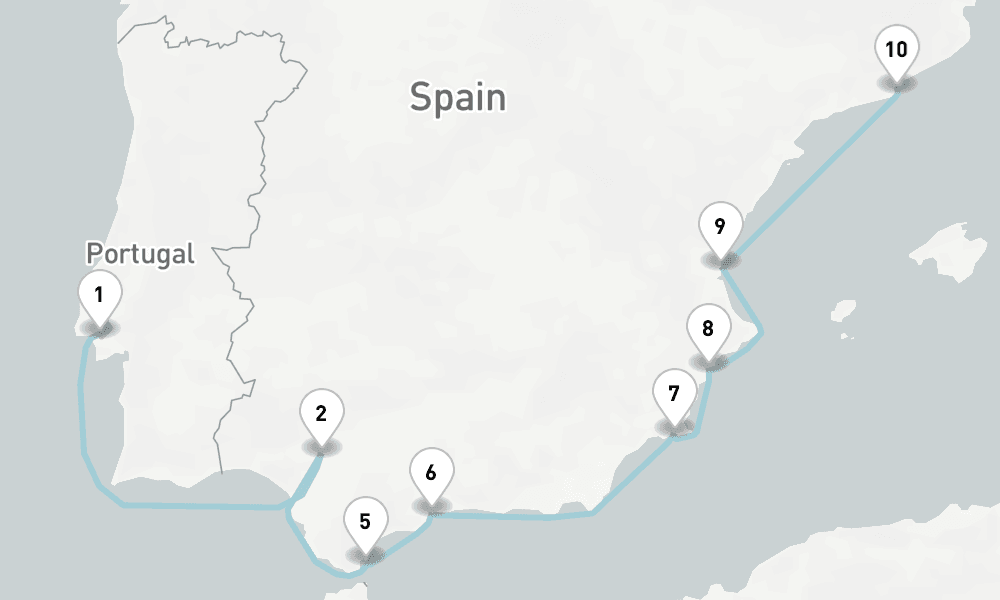 10 nights / 11 days, one-way from Lisbon to Barcelona