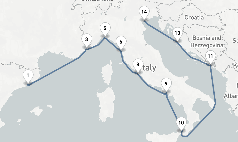 15 nights / 16 days, one-way from Barcelona to Venice
