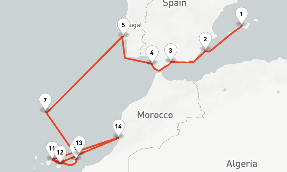 18 nights / 19 days, one-way from Palma de Mallorca (Majorca Island, Spain) to Puerto del Rosario (Fuerteventura, Canary Islands)