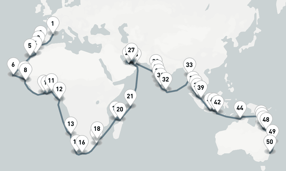 84 nights / 85 days, one-way from Barcelona to Sydney (NSW, Australia)