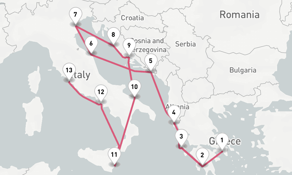 14 nights / 15 days, one-way from Piraeus (Athens, Greece) to Civitavecchia (Rome, Italy)