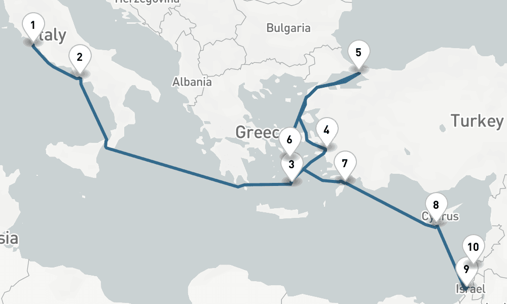 10 nights / 11 days, one-way from Civitavecchia (Rome, Italy) to Haifa (Tel Aviv, Israel)