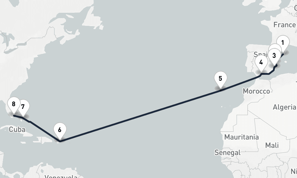 15 nights / 16 days, one-way from Barcelona to Miami (Florida)