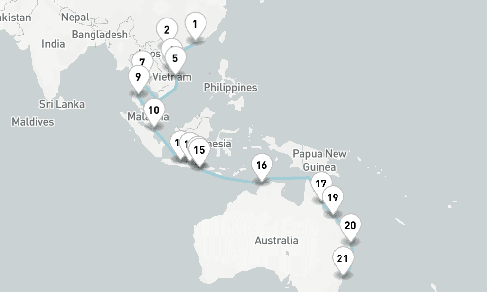 34 nights / 35 days, one-way from Hong Kong to Sydney (NSW, Australia)