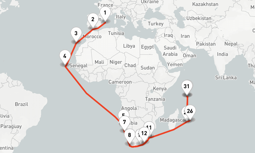 54 nights / 55 days, one-way from Palma de Mallorca (Majorca Island, Spain) to Mahe Island (Victoria, Seychelles)