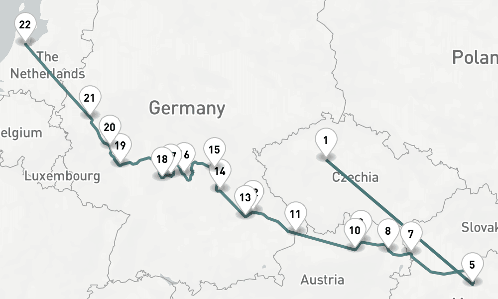 17 nights / 18 days, one-way from Prague (Czech Republic) to Amsterdam (Holland)