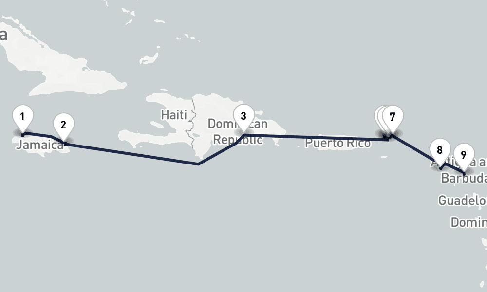 11 nights / 12 days, one-way from Montego Bay to St Johns (Antigua)