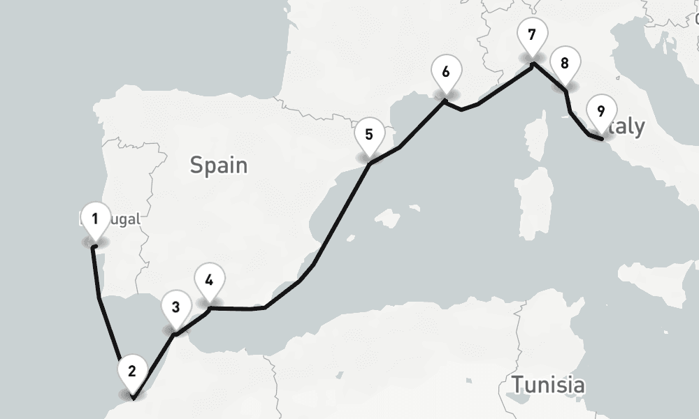 10 nights / 11 days, one-way from Lisbon to Civitavecchia (Rome, Italy)