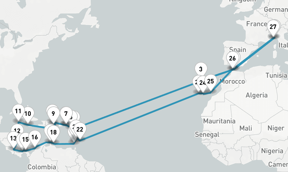 50 nights / 51 days, one-way from Genoa to Savona