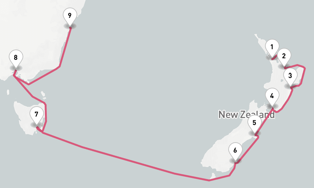 14 nights / 15 days, one-way from Auckland to Sydney (NSW, Australia)