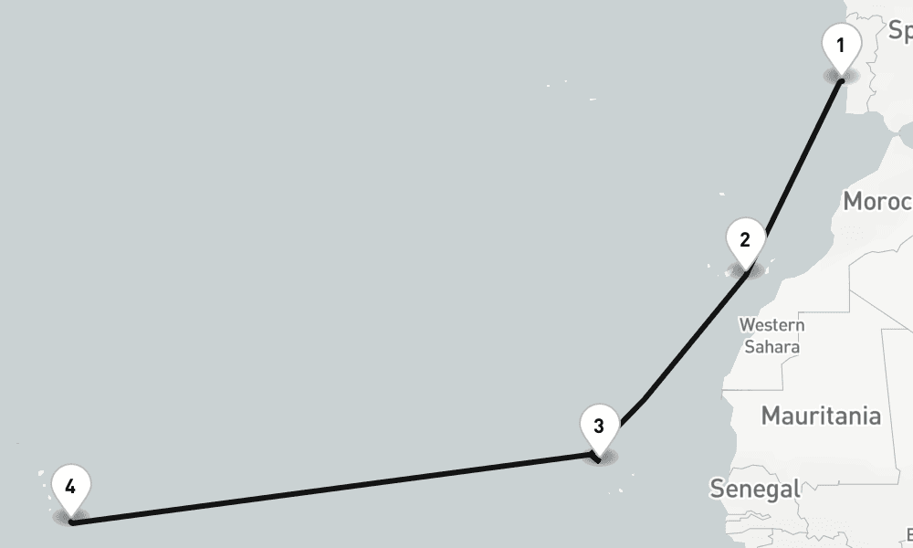 12 nights / 13 days, one-way from Lisbon to Bridgetown (Barbados)