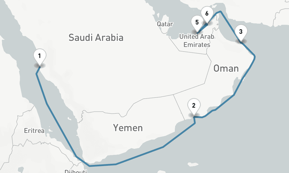 11 nights / 12 days, one-way from Jeddah to Dubai (Port Rashid, UAE)