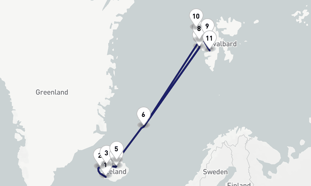 11 nights / 12 days, one-way from Reykjavik to Longyearbyen (Spitsbergen, Arctic Norway)