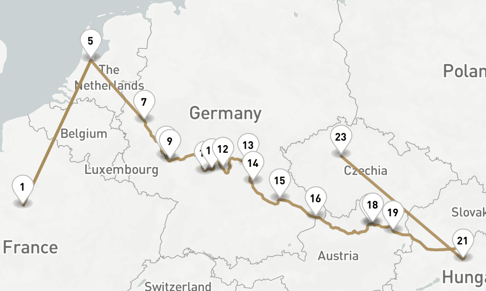 20 nights / 21 days, one-way from Paris to Prague (Czech Republic)