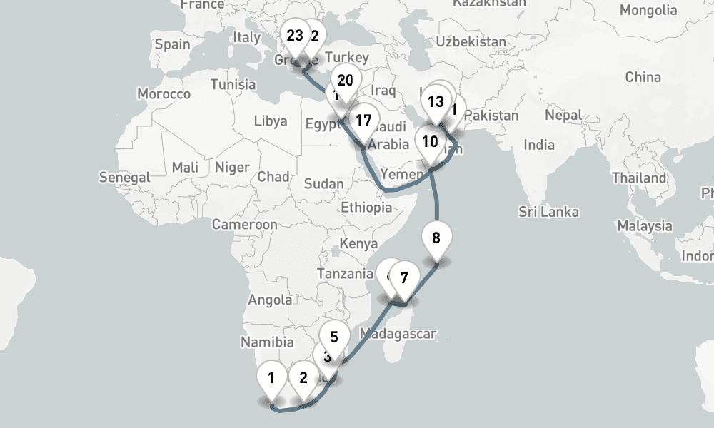 38 nights / 39 days, one-way from Cape Town to Piraeus (Athens, Greece)