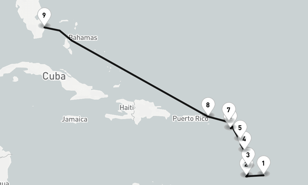 10 nights / 11 days, one-way from Bridgetown (Barbados) to Fort Lauderdale (Everglades, Florida)