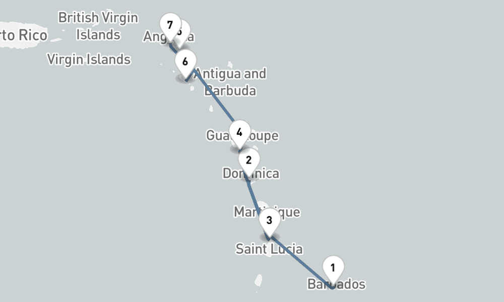 7 nights / 8 days, one-way from Bridgetown (Barbados) to Philipsburg (St Maarten Island, Dutch Antilles)