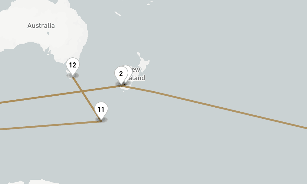 23 nights / 24 days, one-way from Queenstown NZ to Hobart (Tasmania)