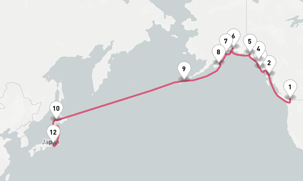 23 nights / 24 days, one-way from Vancouver (BC Canada) to Tokyo
