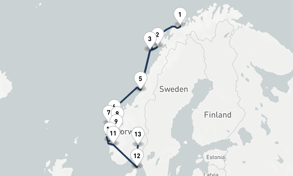 11 nights / 12 days, one-way from Tromso to Oslo