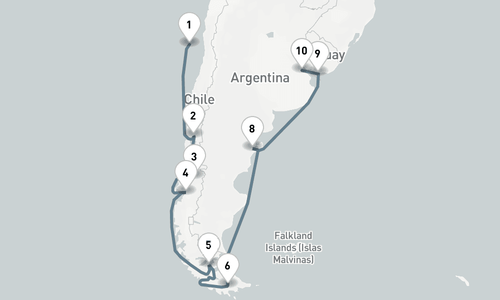 16 nights / 17 days, one-way from San Antonio to Buenos Aires