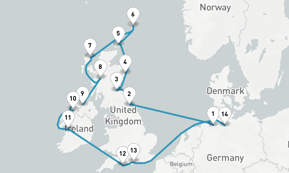 16 nights / 17 days, one-way from Bremerhaven (Bremen, Germany) to Hamburg