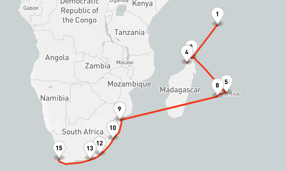 22 nights / 23 days, one-way from Mahe Island (Victoria, Seychelles) to Cape Town