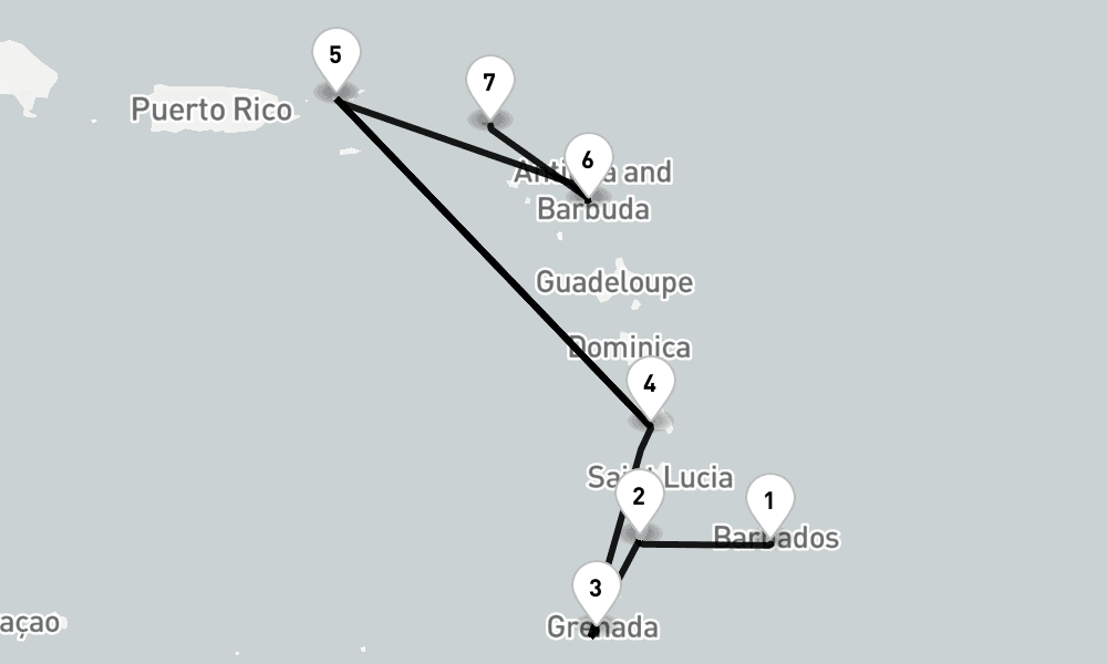 7 nights / 8 days, one-way from Bridgetown (Barbados) to Philipsburg (St Maarten Island, Dutch Antilles)